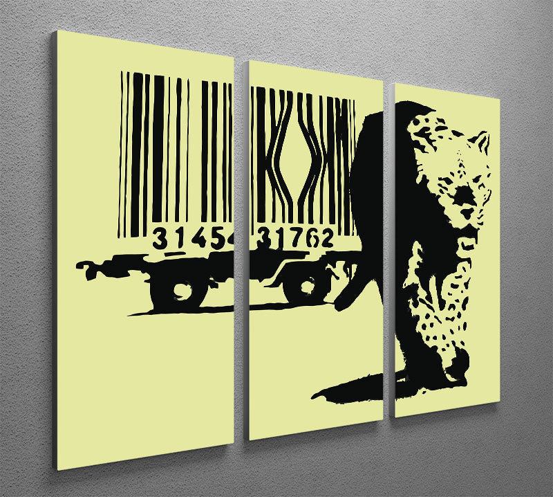 Banksy Barcode Leopard Yellow 3-panel canvas print showcasing vibrant colors and modern art design.