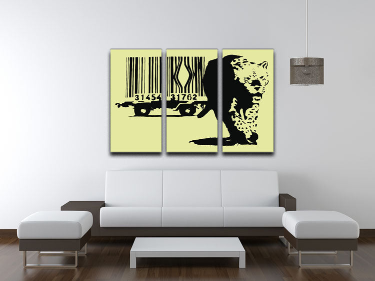 Banksy Barcode Leopard Yellow 3-panel canvas print showcasing vibrant colors and modern art design.