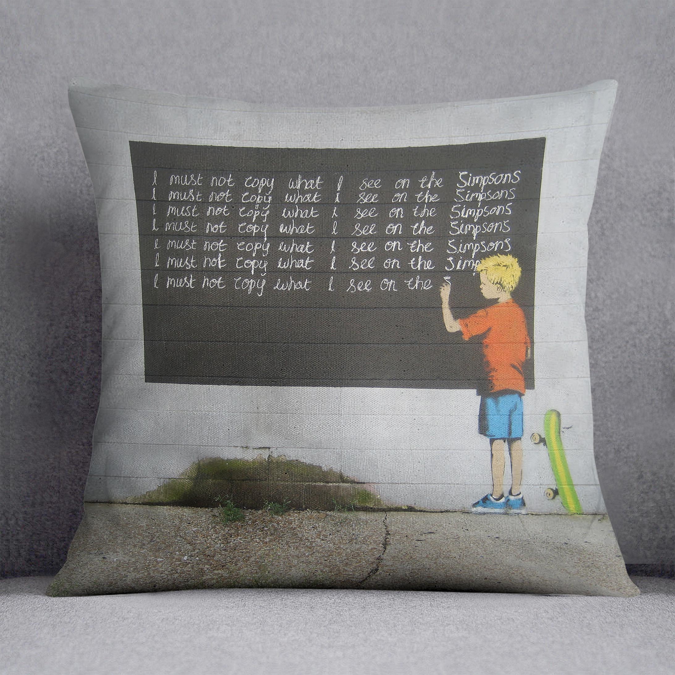 Banksy Bart Simpson Cushion featuring vibrant colors and abstract design on luxurious vegan faux suede.