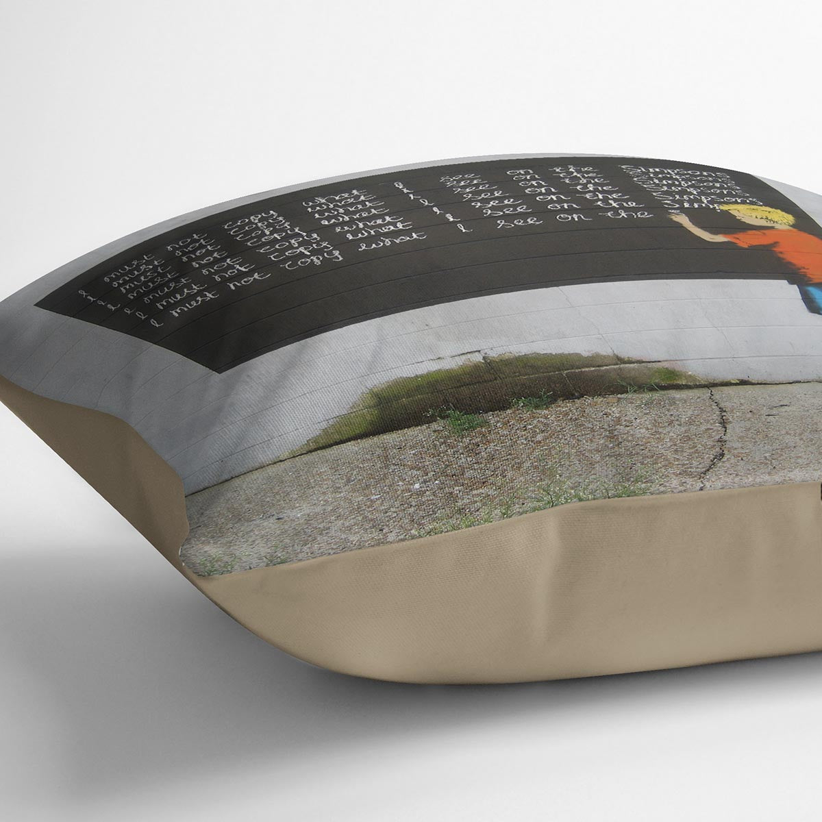 Banksy Bart Simpson Cushion featuring vibrant colors and abstract design on luxurious vegan faux suede.