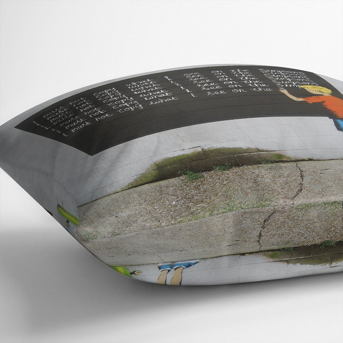 Banksy Bart Simpson Cushion featuring vibrant colors and abstract design on luxurious vegan faux suede.