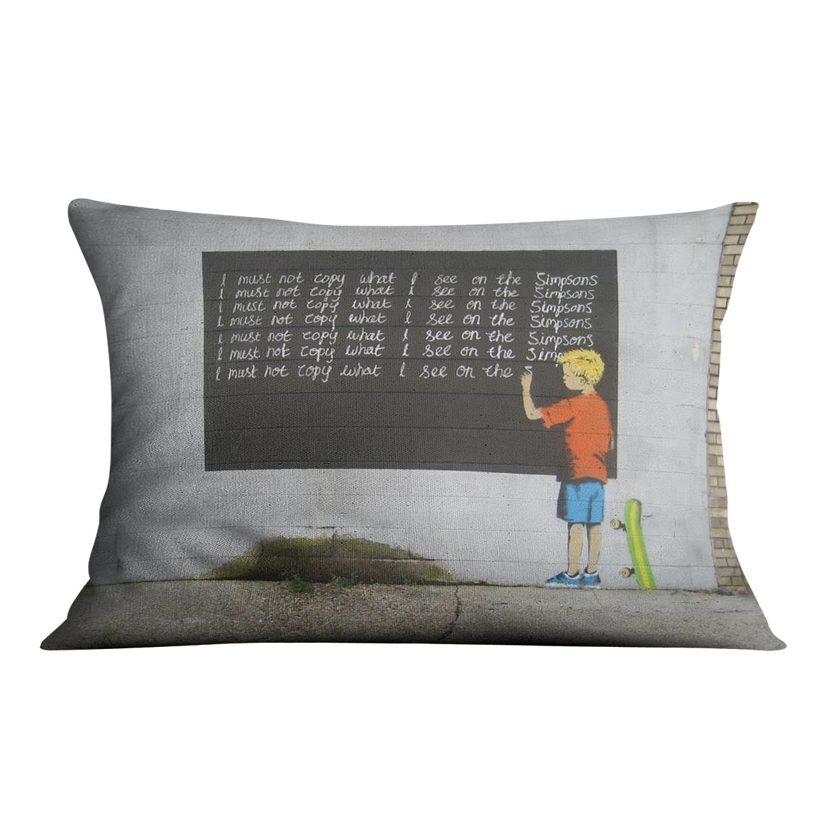 Banksy Bart Simpson Cushion featuring vibrant colors and abstract design on luxurious vegan faux suede.