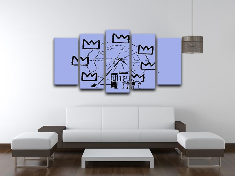 Banksy Basquiat Ferris Wheel Blue 5 Split Panel Canvas artwork featuring vibrant colors and dynamic design across five panels.