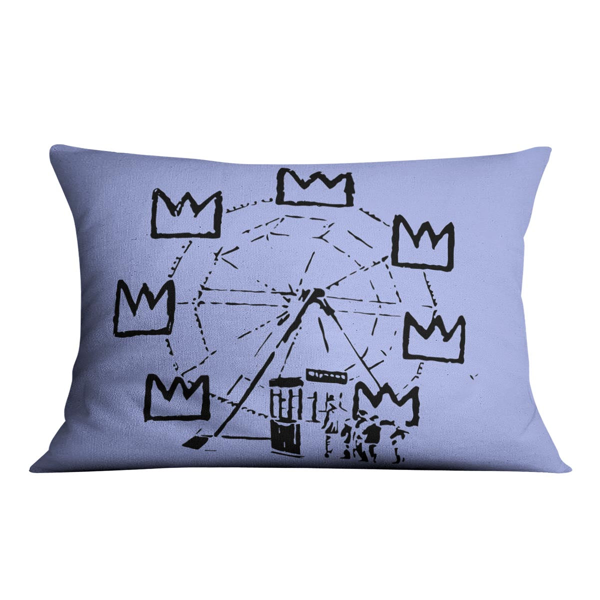Banksy Basquiat Ferris Wheel Blue Cushion featuring vibrant abstract design on luxurious vegan faux suede.