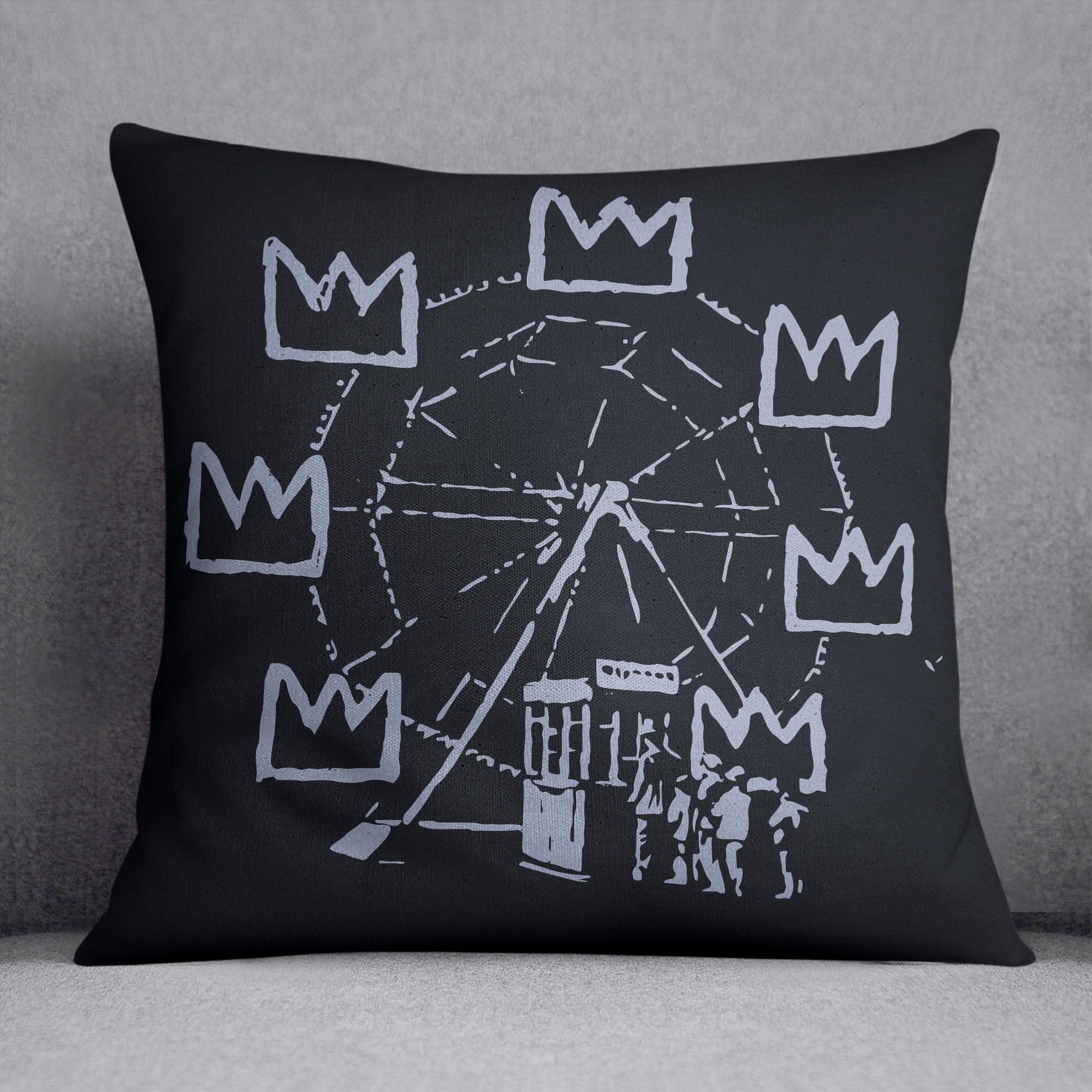 Banksy Basquiat Ferris Wheel Cushion featuring vibrant abstract design on luxurious vegan faux suede.