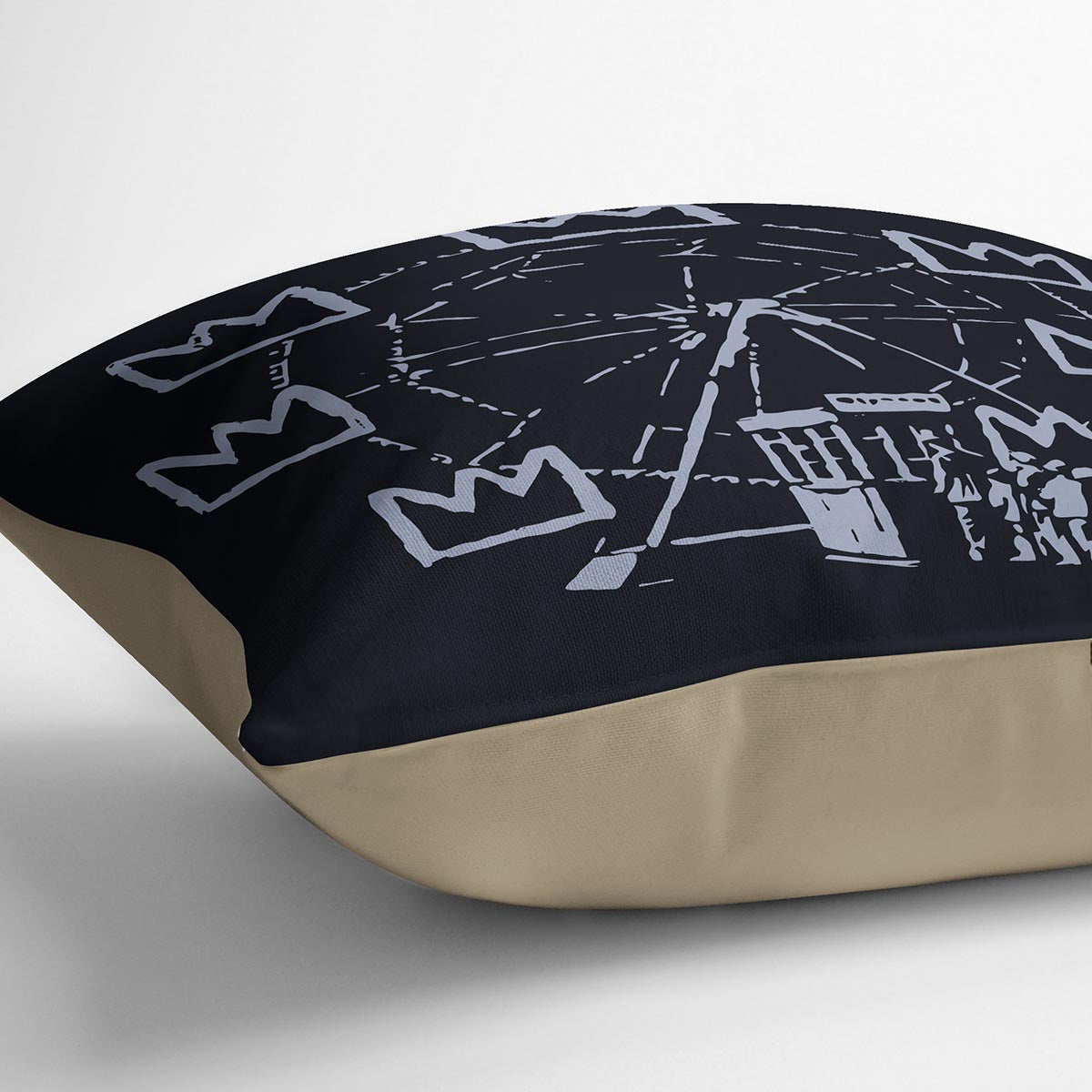 Banksy Basquiat Ferris Wheel Cushion featuring vibrant abstract design on luxurious vegan faux suede.
