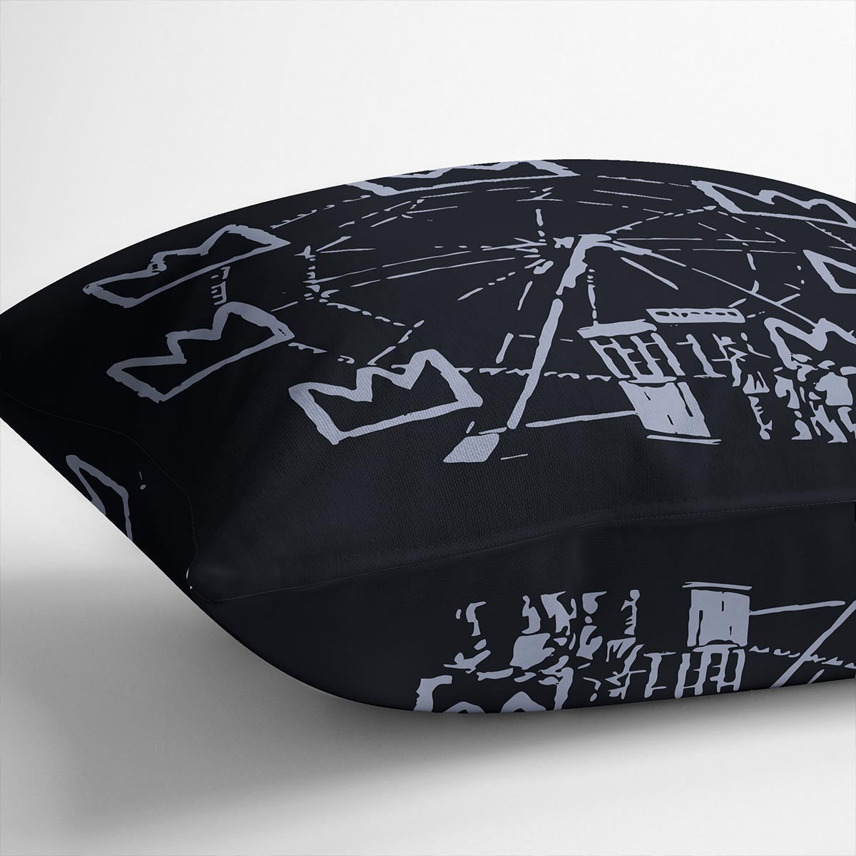 Banksy Basquiat Ferris Wheel Cushion featuring vibrant abstract design on luxurious vegan faux suede.