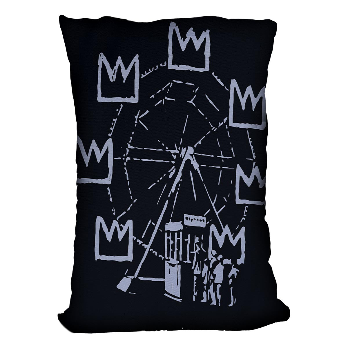 Banksy Basquiat Ferris Wheel Cushion featuring vibrant abstract design on luxurious vegan faux suede.