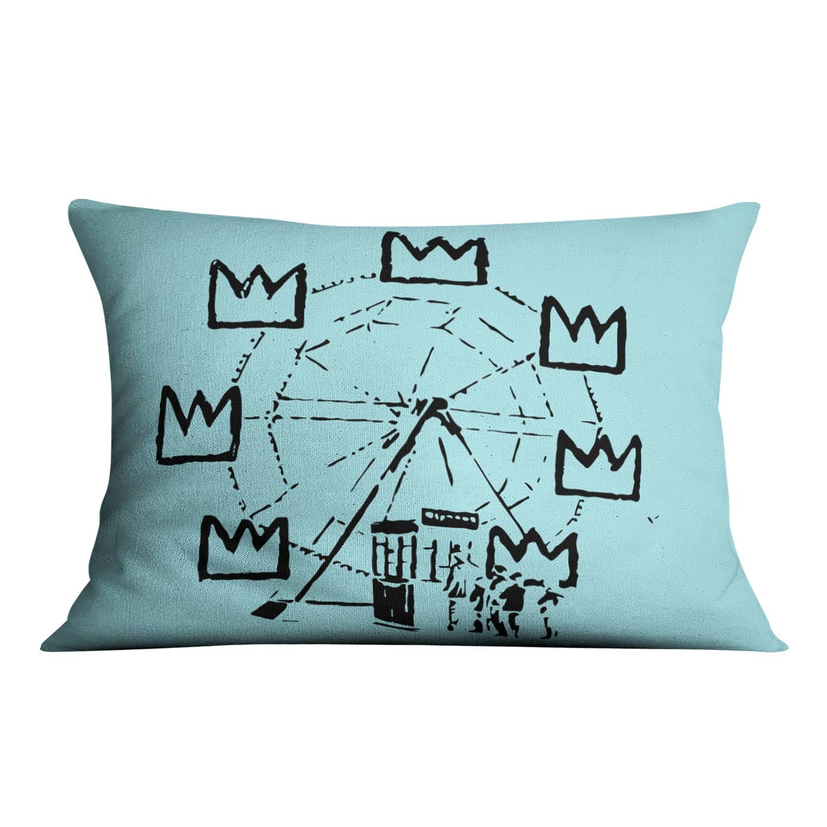 Banksy Basquiat Ferris Wheel Light Blue Cushion featuring vibrant abstract design on luxurious vegan faux suede.