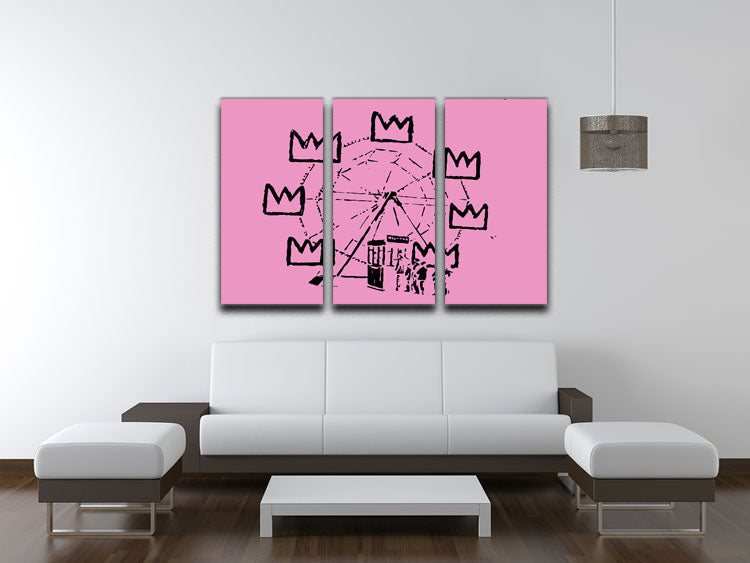 Banksy Basquiat Ferris Wheel Pink 3-panel canvas print showcasing vibrant colors and modern art design.