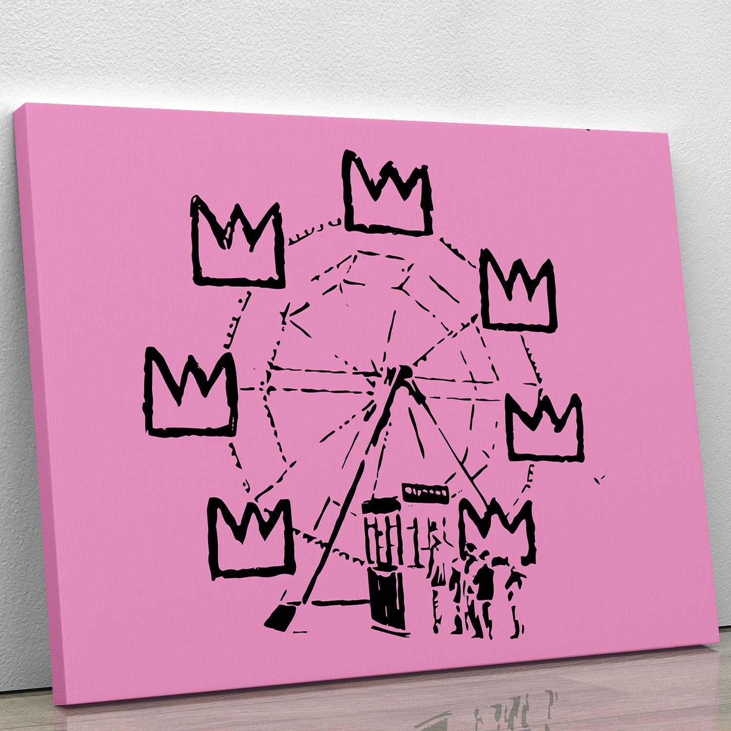 Banksy Basquiat Ferris Wheel Pink Canvas Print featuring vibrant colors and modern design.