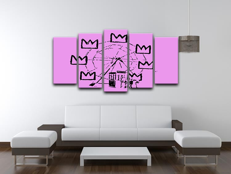 Banksy Basquiat Ferris Wheel Purple 5 Split Panel Canvas artwork featuring vibrant purple hues and dynamic design across five panels.