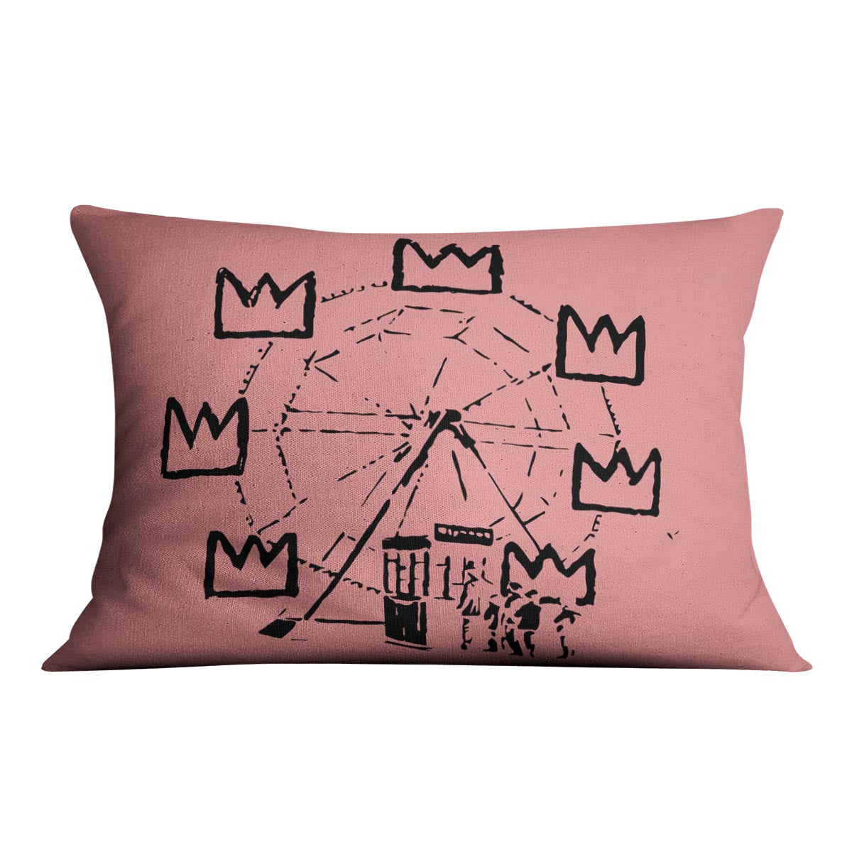 Banksy Basquiat Ferris Wheel Red Cushion featuring vibrant abstract design on luxurious vegan faux suede.