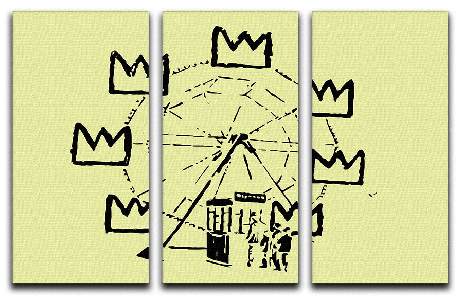 Banksy Basquiat Ferris Wheel Yellow 3-panel canvas print showcasing vibrant colors and modern art design.