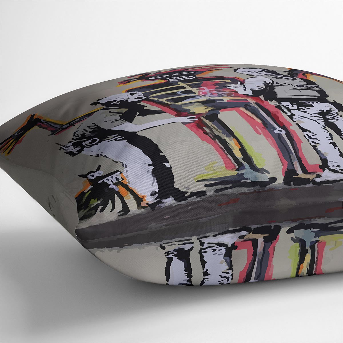 Banksy Basquiat Metropolitan Police Cushion featuring vibrant abstract design on luxurious vegan faux suede.