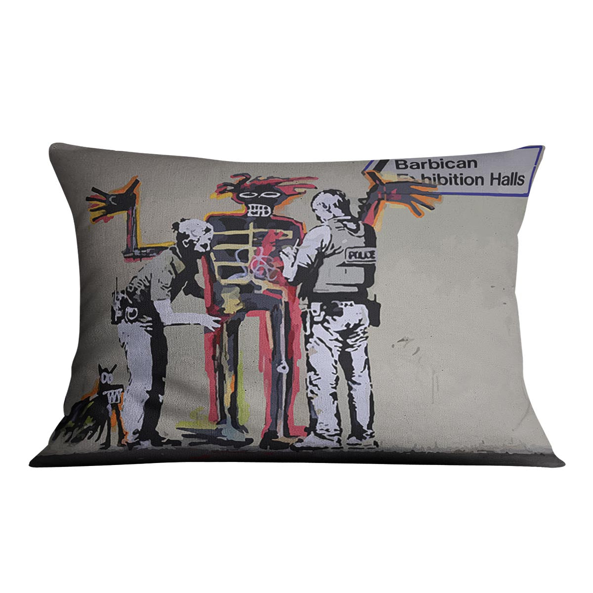 Banksy Basquiat Metropolitan Police Cushion featuring vibrant abstract design on luxurious vegan faux suede.