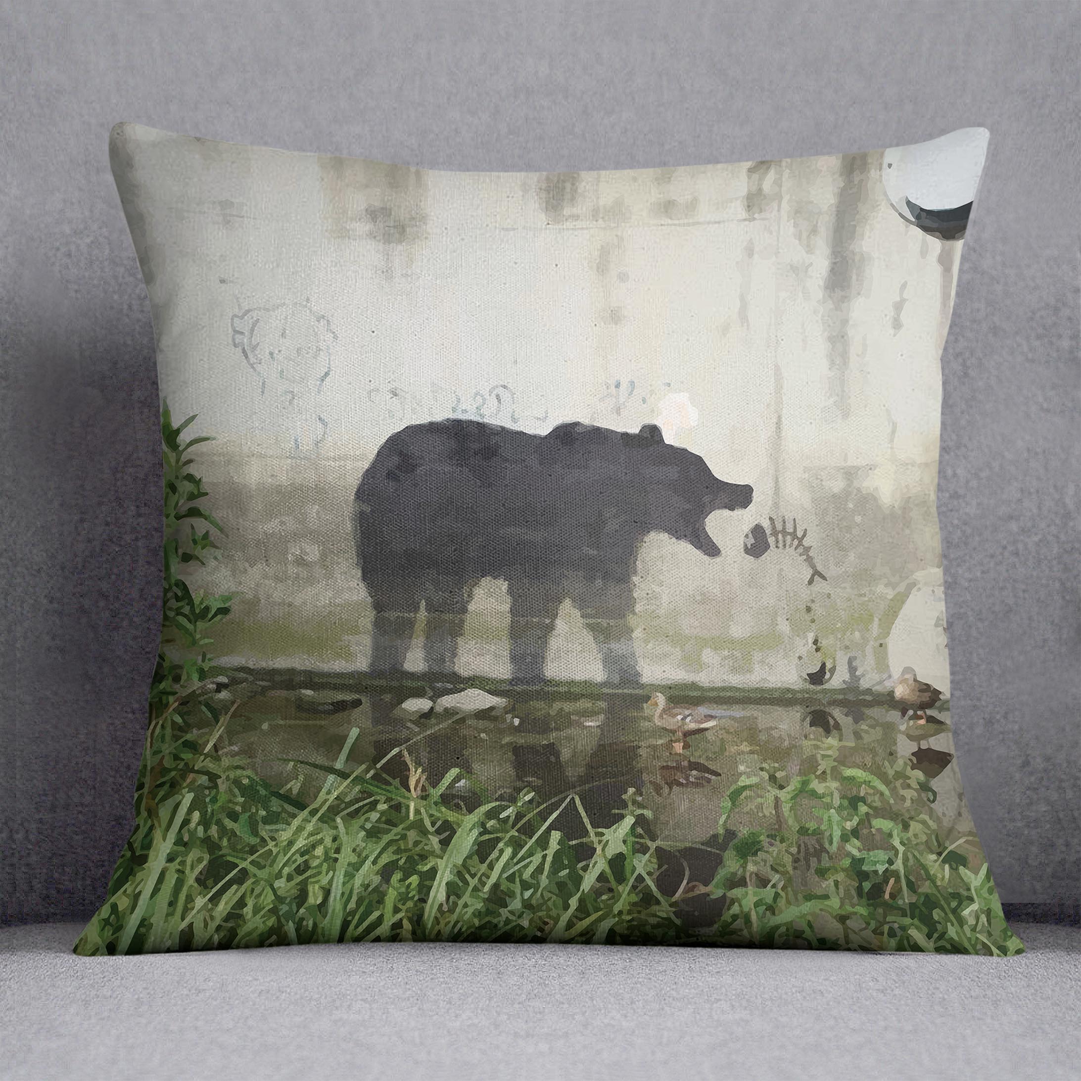 Banksy Bear Cushion featuring vibrant abstract design on luxurious vegan faux suede, perfect for home decor.