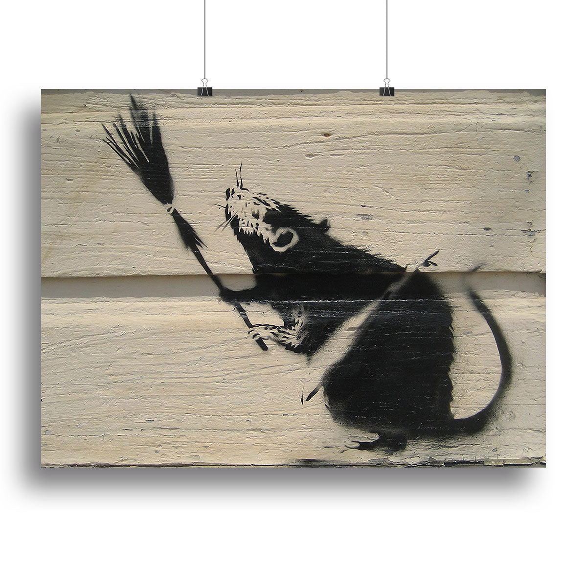 Banksy Broom Rat Canvas Print showcasing a rat holding a broom, vibrant colors and modern art style.