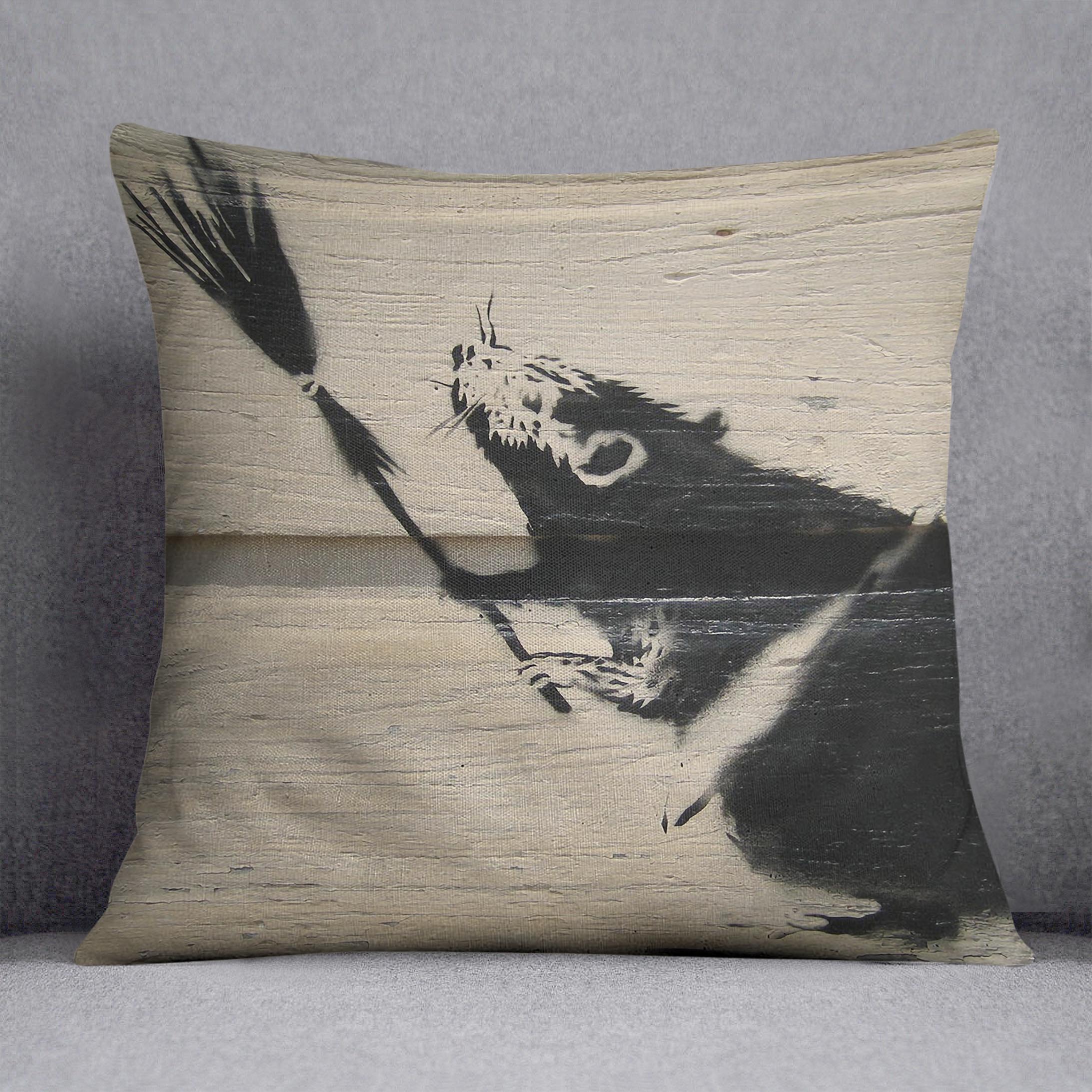 Banksy Broom Rat Cushion featuring vibrant abstract design on luxurious vegan faux suede, perfect for home decor.