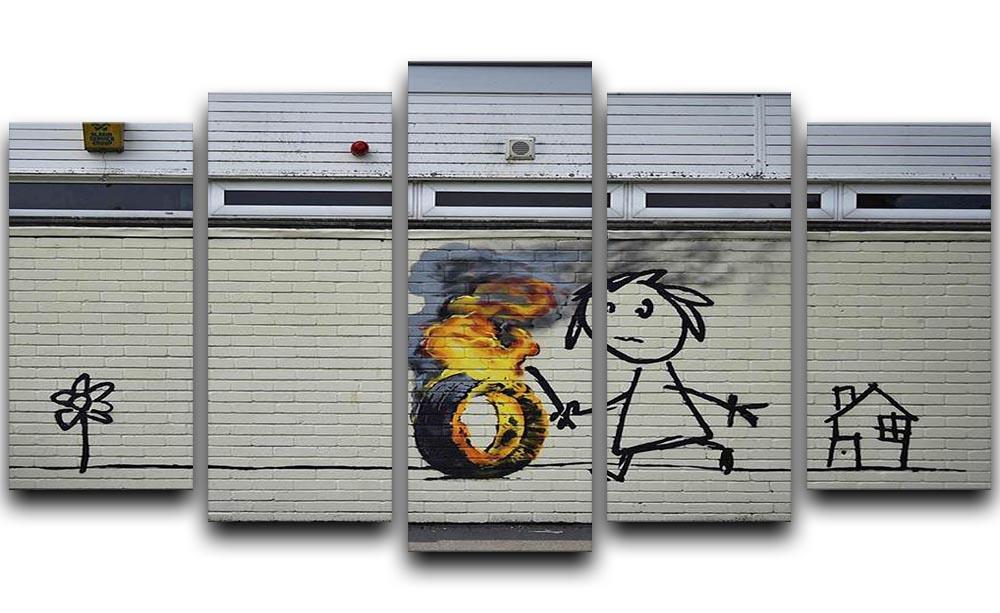 Banksy Burning Tyre 5 Split Panel Canvas artwork featuring a dynamic design across five panels.