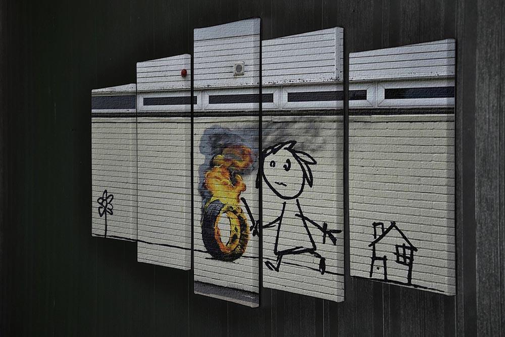 Banksy Burning Tyre 5 Split Panel Canvas artwork featuring a dynamic design across five panels.