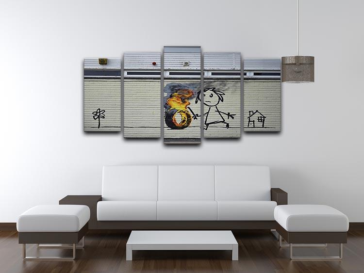 Banksy Burning Tyre 5 Split Panel Canvas artwork featuring a dynamic design across five panels.