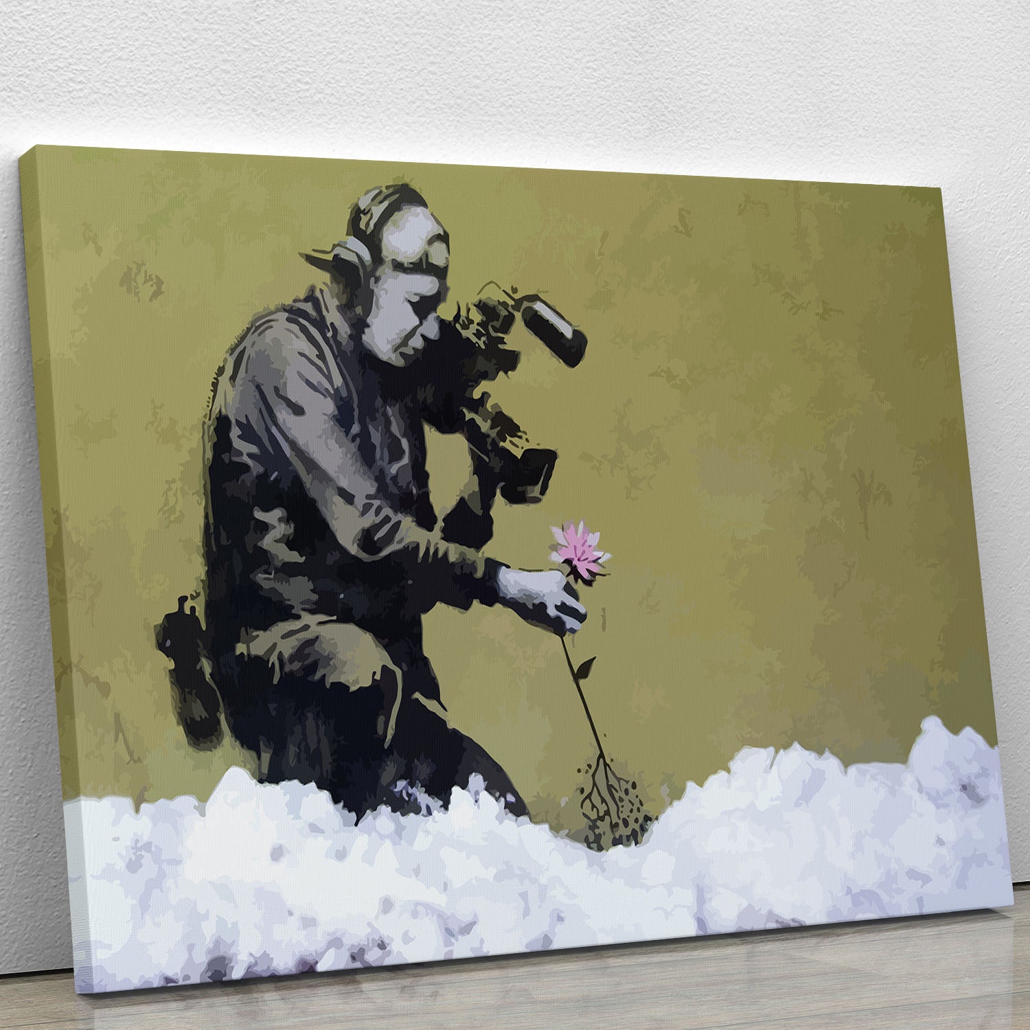 Banksy Cameraman and Flower canvas print showcasing vibrant colors and modern art style.