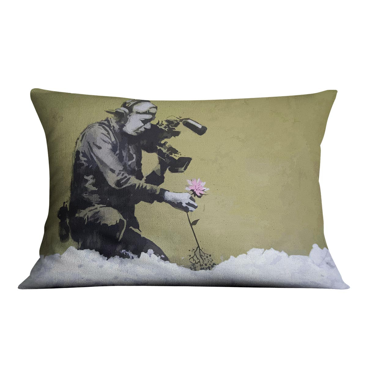 Banksy Cameraman and Flower Cushion featuring vibrant abstract design on luxurious vegan faux suede.