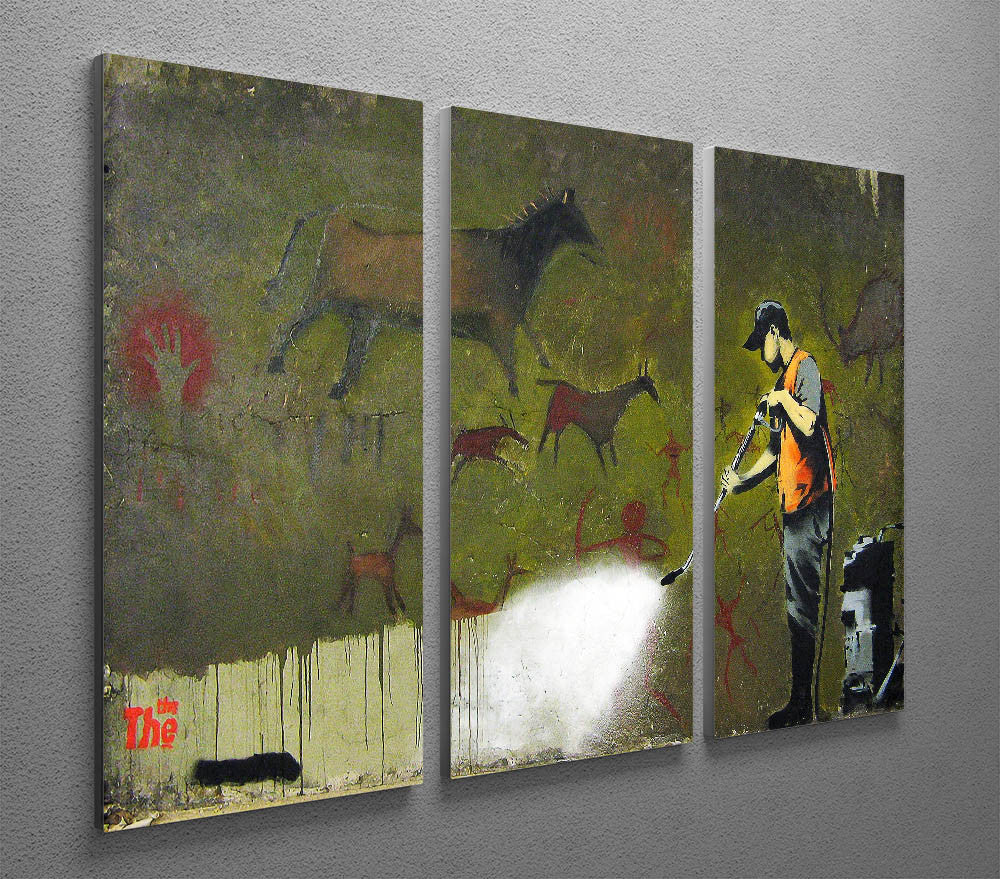 Three-panel canvas print featuring Banksy Cave Graffiti Removal artwork, showcasing vibrant colors and modern design.