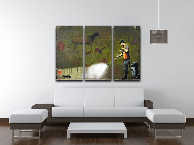 Three-panel canvas print featuring Banksy Cave Graffiti Removal artwork, showcasing vibrant colors and modern design.