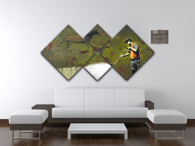 Banksy Cave Graffiti Removal 4 Square Multi Panel Canvas artwork featuring four equal panels with vibrant street art design.