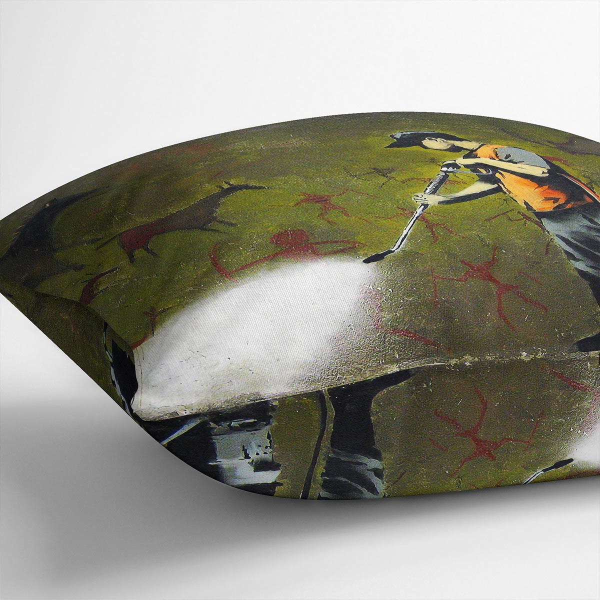 Banksy Cave Graffiti Removal Cushion featuring vibrant abstract designs on luxurious vegan faux suede.