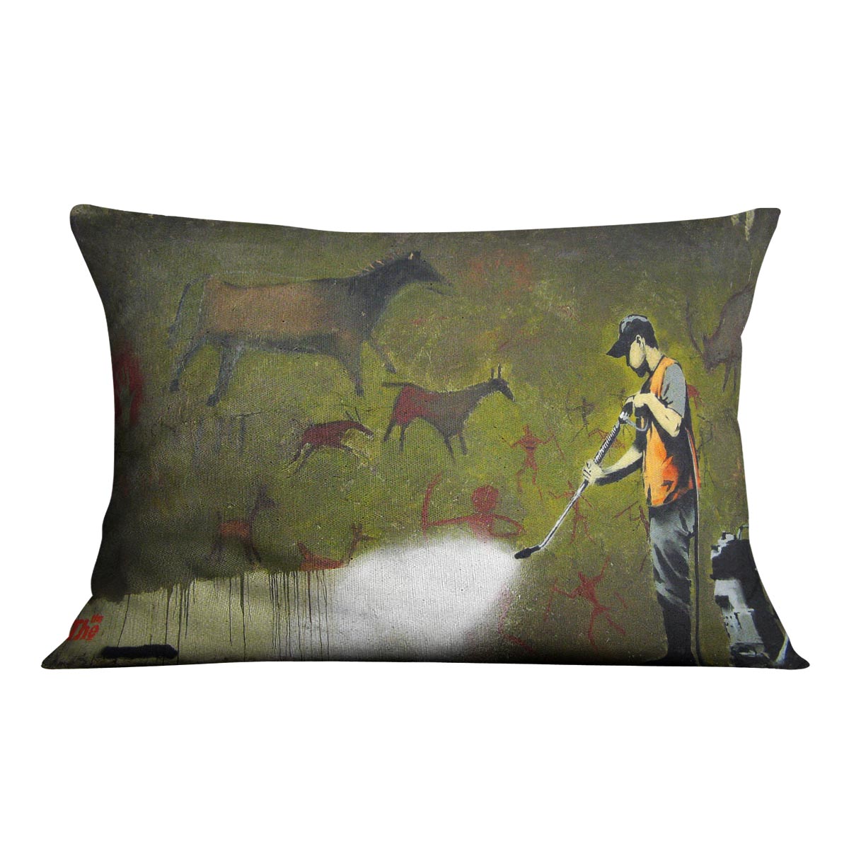 Banksy Cave Graffiti Removal Cushion featuring vibrant abstract designs on luxurious vegan faux suede.