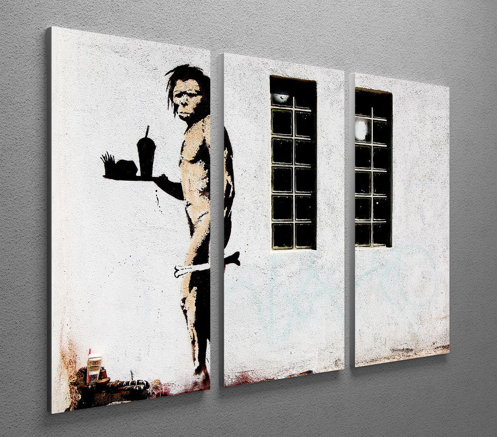 Banksy Caveman Takeaway 3 Split Panel Canvas Print featuring vibrant colors and modern design, perfect for home decor.
