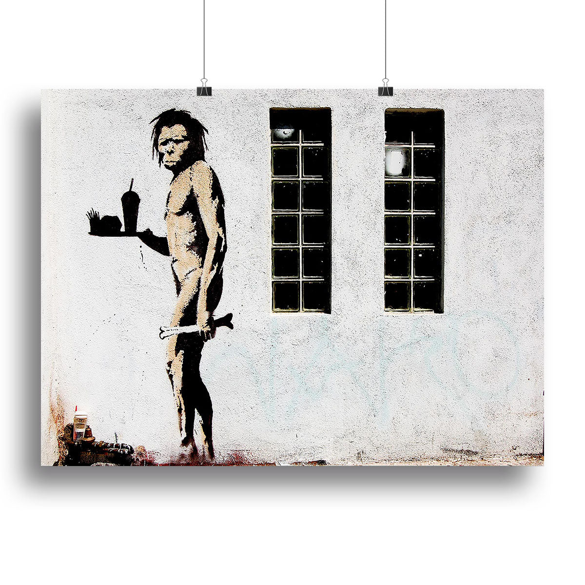 Banksy Caveman Takeaway canvas print showcasing modern street art with a humorous twist on consumerism.