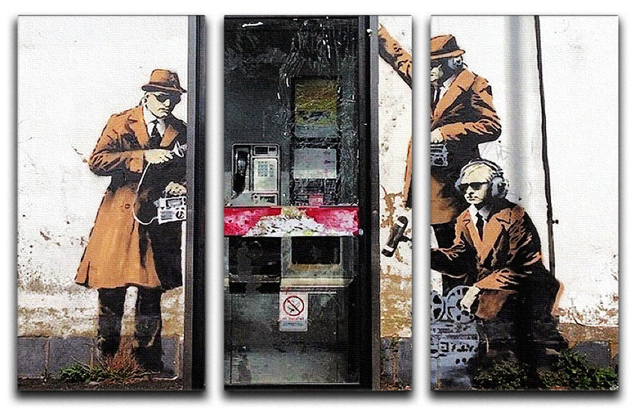 Banksy Cheltenham Telephone Box Spies 3 Split Canvas Print featuring vibrant colors and modern art style across three panels.