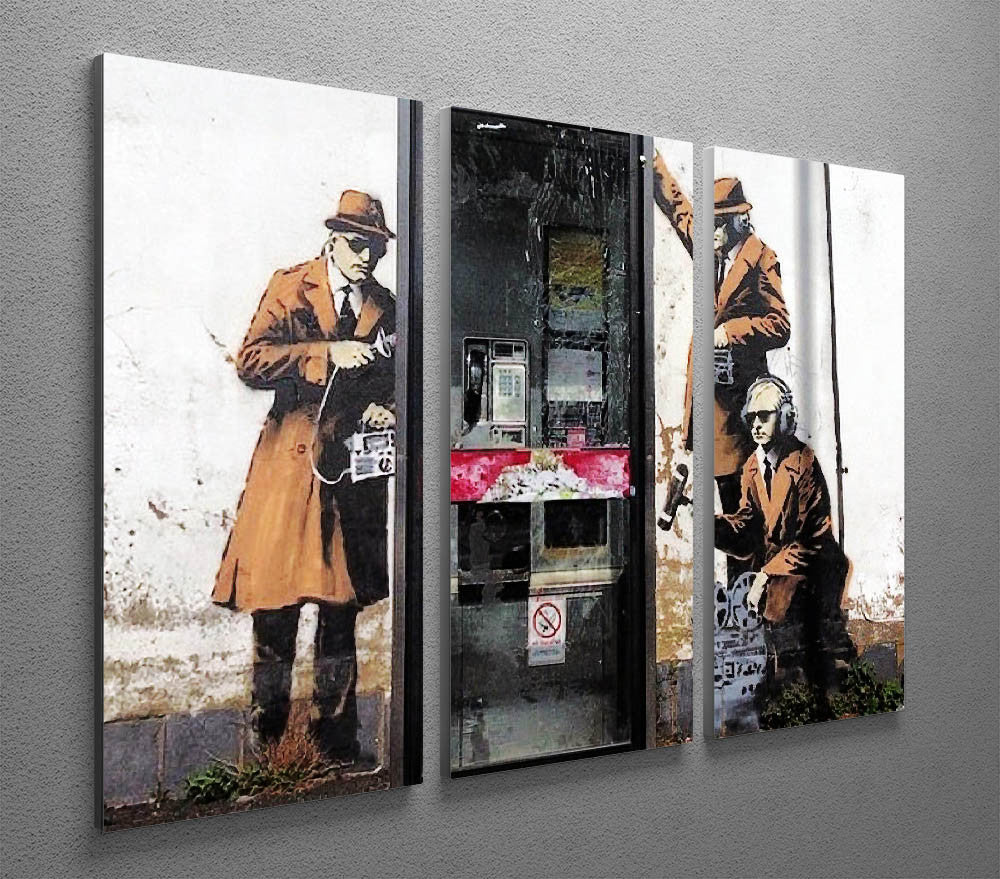 Banksy Cheltenham Telephone Box Spies 3 Split Canvas Print featuring vibrant colors and modern art style across three panels.
