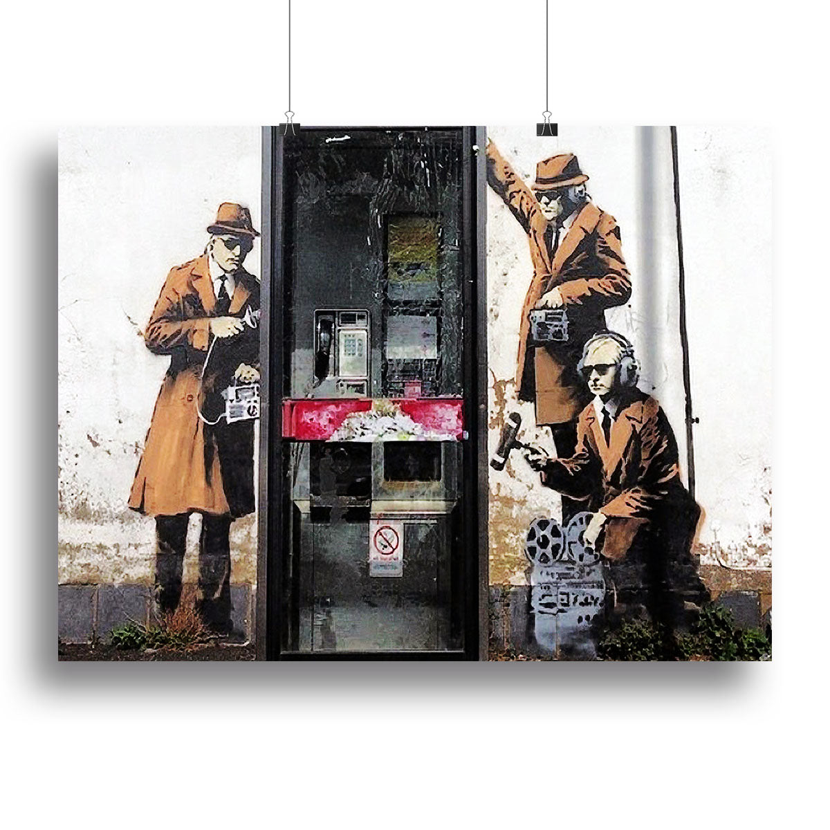 Banksy Cheltenham Telephone Box canvas print showcasing iconic street art in vibrant colors.