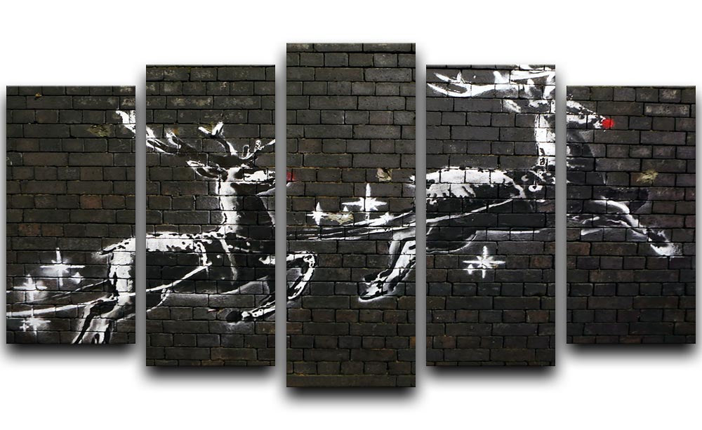 Banksy Christmas 5 Split Panel Canvas artwork featuring vibrant colors and festive design, divided into five panels for a dynamic display.