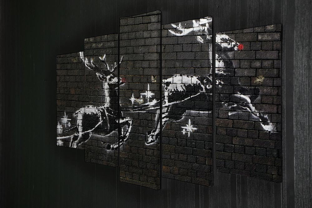 Banksy Christmas 5 Split Panel Canvas artwork featuring vibrant colors and festive design, divided into five panels for a dynamic display.