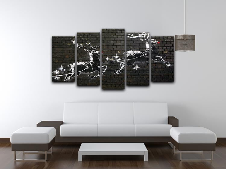 Banksy Christmas 5 Split Panel Canvas artwork featuring vibrant colors and festive design, divided into five panels for a dynamic display.