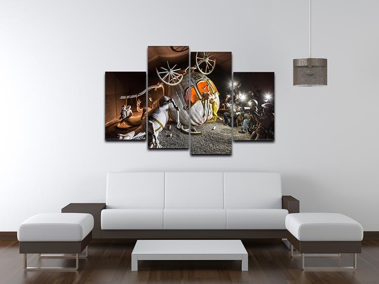 Banksy Cinderella Carriage 4 Split Panel Canvas artwork displayed in a modern setting, showcasing vibrant colors and dynamic design.
