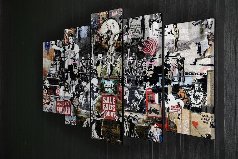 Banksy Collage 5 Split Panel Canvas artwork featuring vibrant urban art divided into five panels.