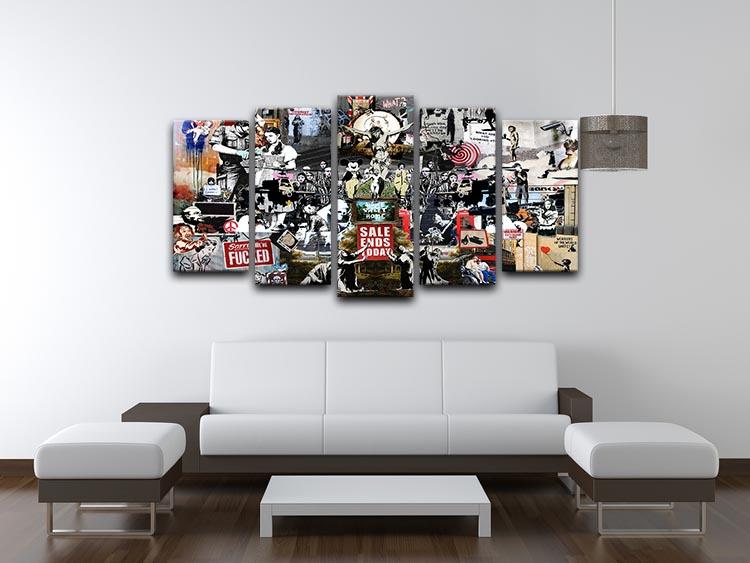 Banksy Collage 5 Split Panel Canvas artwork featuring vibrant urban art divided into five panels.
