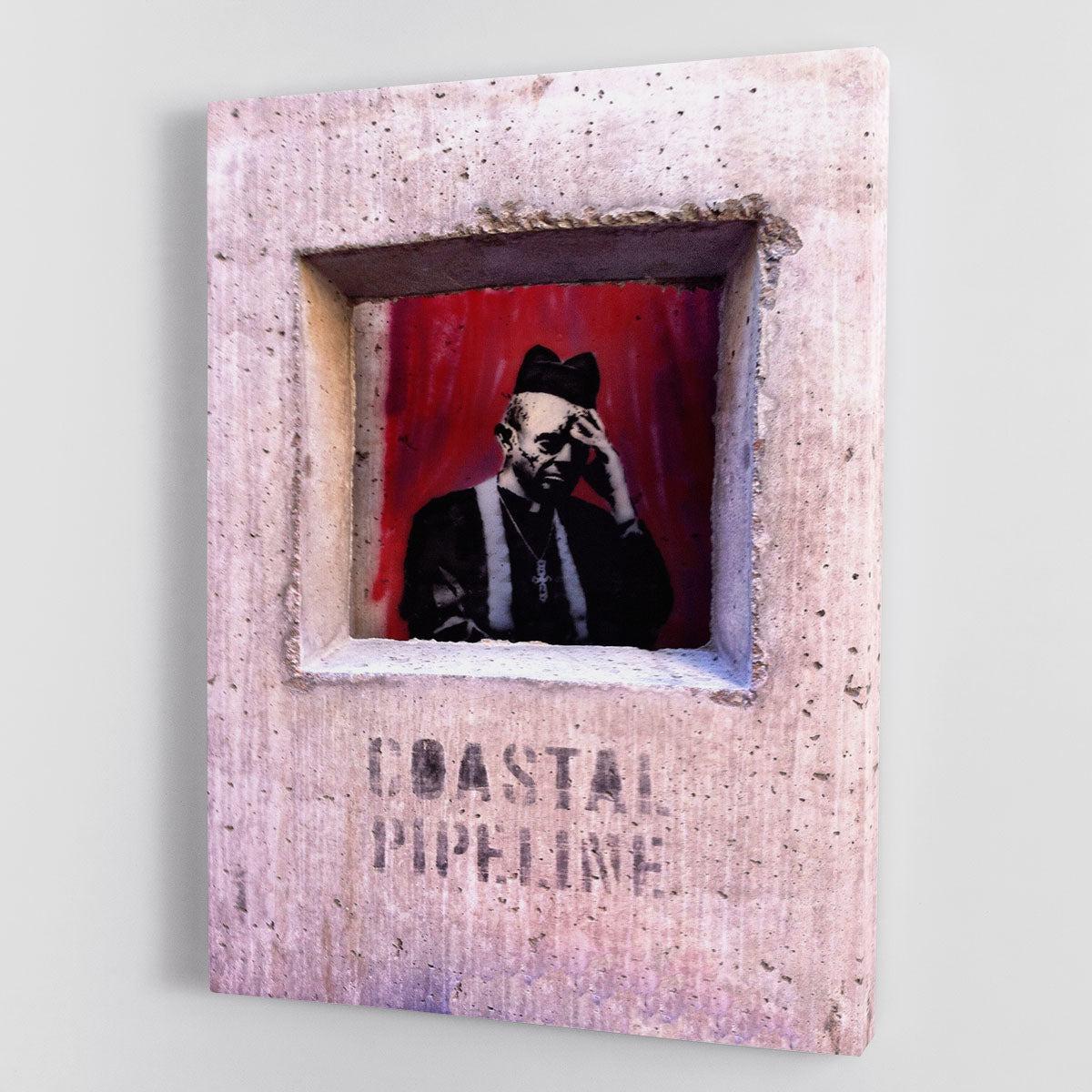 Banksy Concrete Confessional canvas print featuring urban art with bold colors and intricate details, perfect for modern decor.