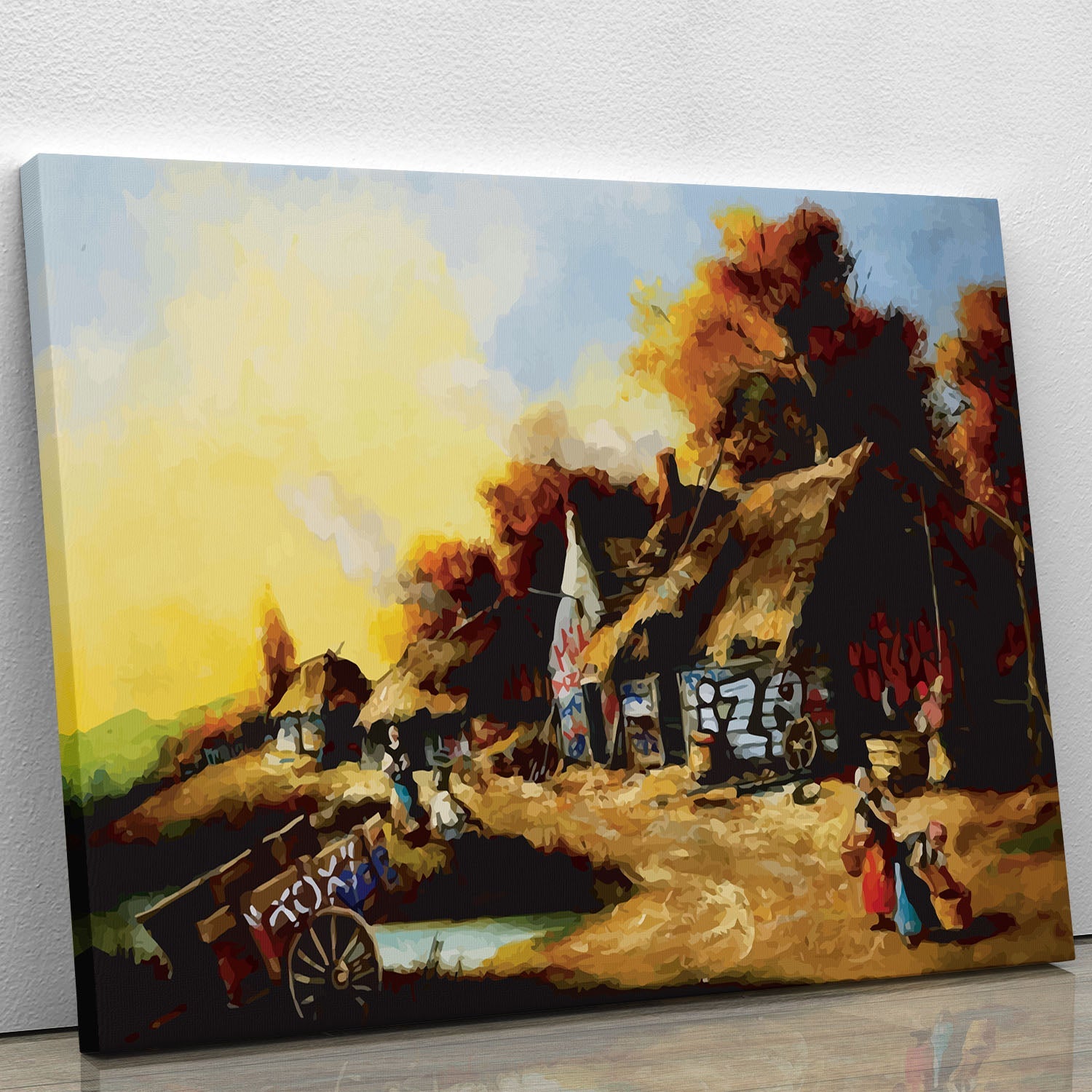 Banksy Countryside Graffiti canvas print featuring urban art blended with serene nature elements, perfect for modern decor.