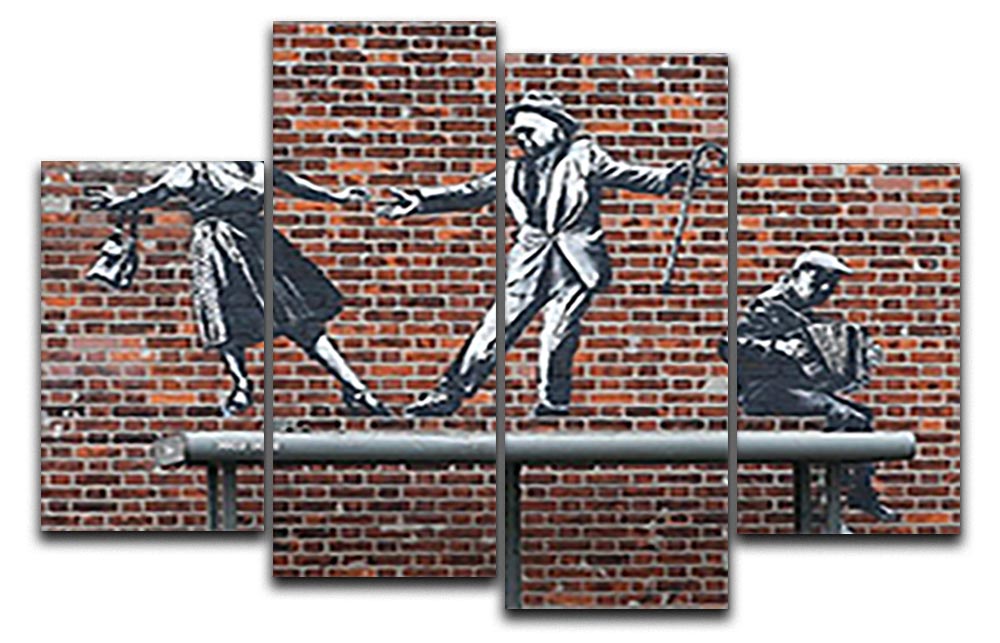 Banksy Couple Dancing 4 Split Panel Canvas artwork featuring a couple joyfully dancing, divided into four equal panels for a dynamic display.