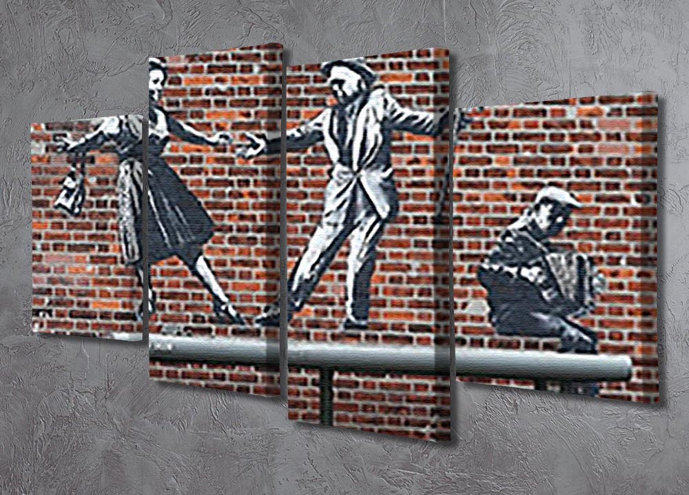 Banksy Couple Dancing 4 Split Panel Canvas artwork featuring a couple joyfully dancing, divided into four equal panels for a dynamic display.