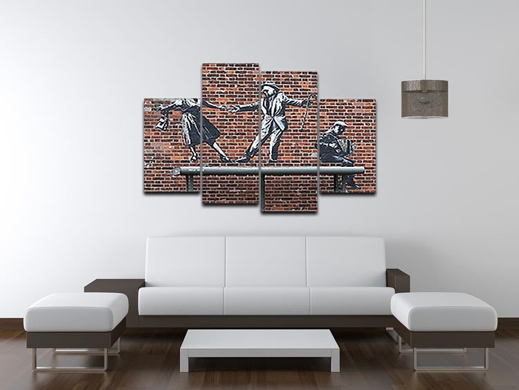 Banksy Couple Dancing 4 Split Panel Canvas artwork featuring a couple joyfully dancing, divided into four equal panels for a dynamic display.