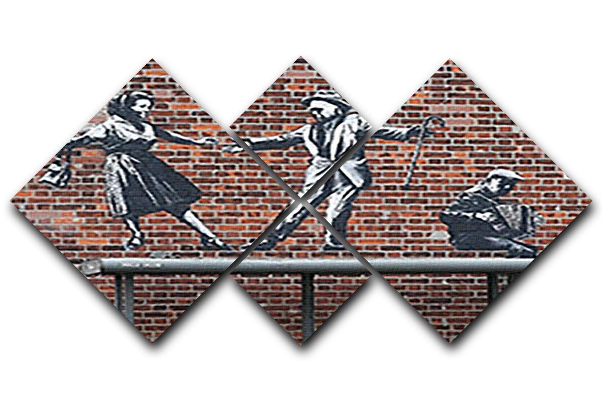 Banksy Couple Dancing 4 Square Multi Panel Canvas artwork featuring four panels of vibrant street art depicting a couple dancing.